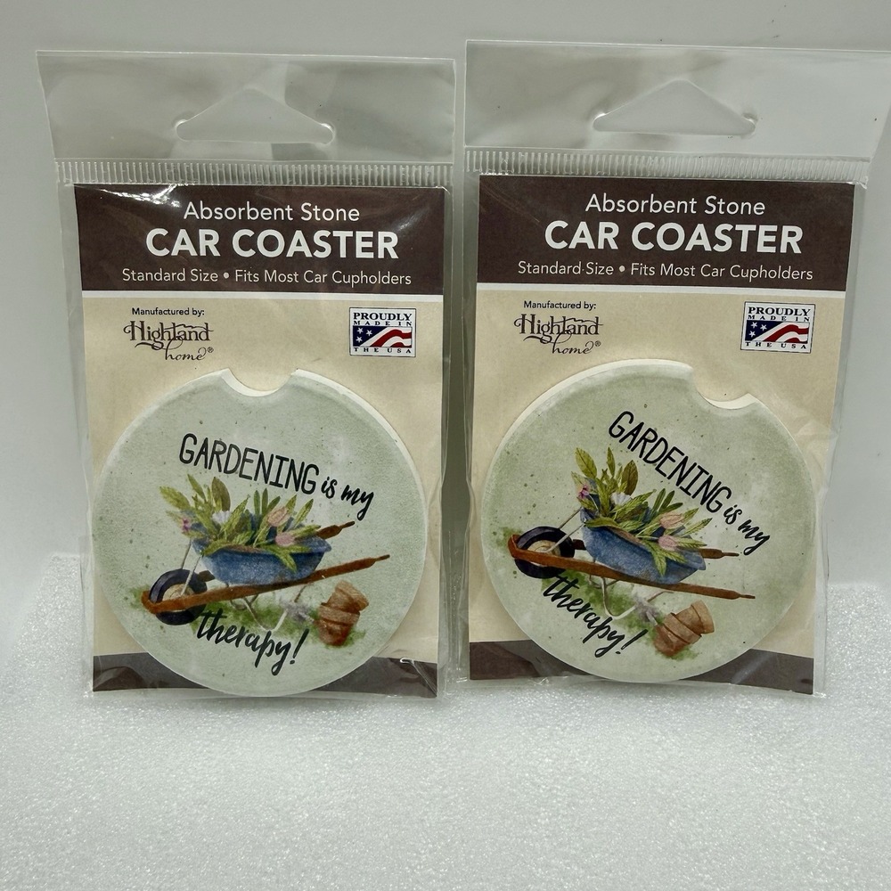 Highland Home Absorbent Stone Car Coasters Gardening Is My Therapy Lot of 2 USA